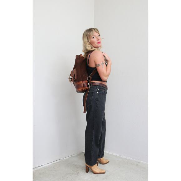 1990's Vintage Mexican Tooled Leather Suede Backpack Folk Artisan Embossed Bag - Picture 7 of 12